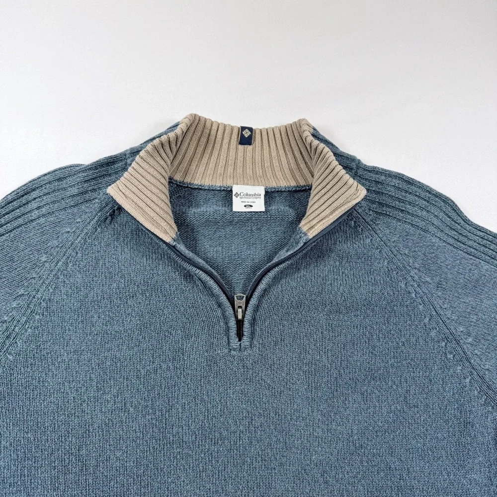 Columbia Sweater Mens XL Blue‎ Quarter Zip Heavy Knit Cotton Pullover Outdoor